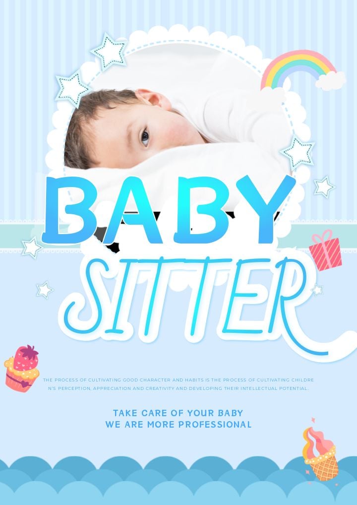 sale poster featuring nanny caring for baby in blue