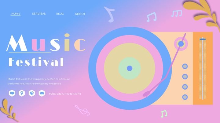 simple and creative landing page for a music festival in colorful paper-cut style