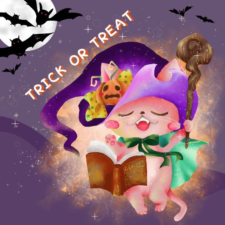 spooky instagram post cartoon cat witch casting spells with bats on halloween night