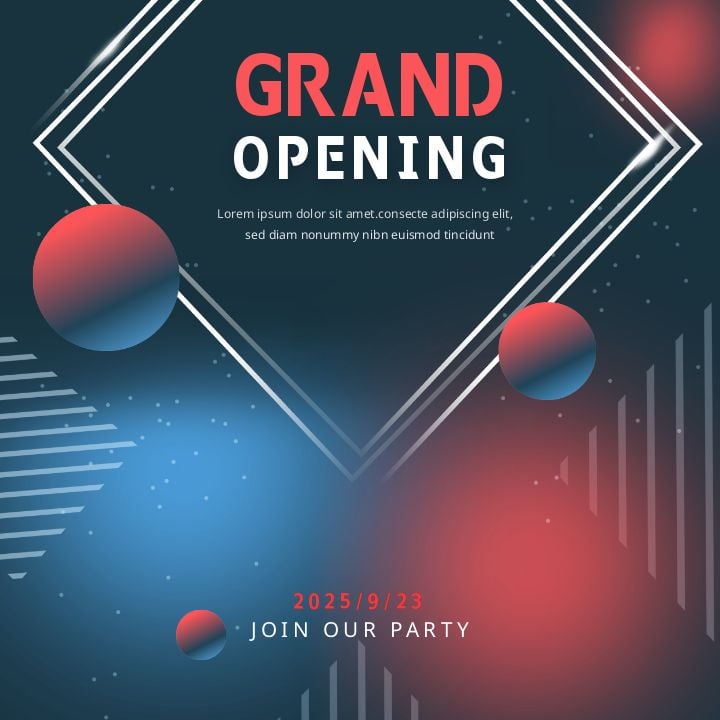 vibrant red and blue geometric theme for grand opening social media promotion