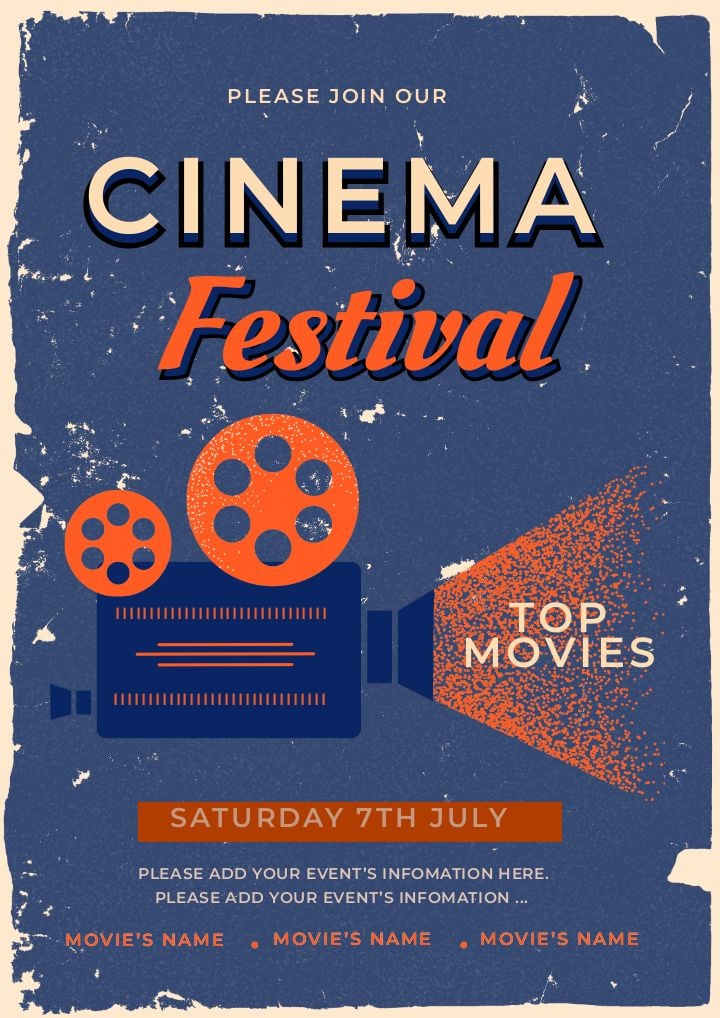 vintage movie night poster with dark blue and orange projector theme
