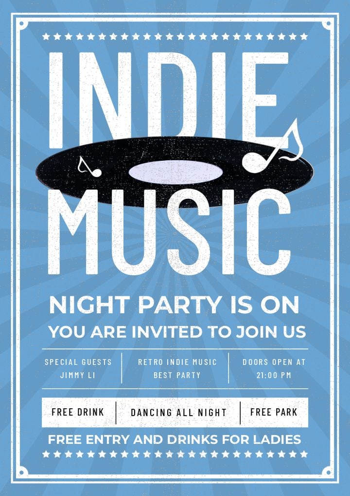 vintage party poster featuring notes of indie music