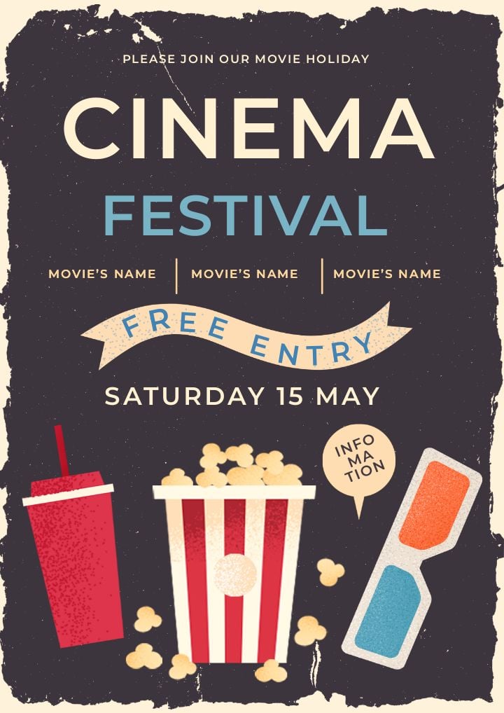vintage popcorn movie event poster in black and red retro style