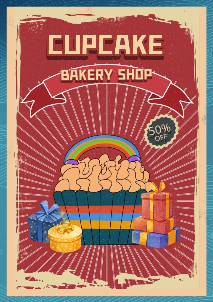 vintage poster featuring a crimson cake