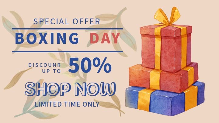 watercolor illustration of stacked gift boxes and leaf sale boxing day banner
