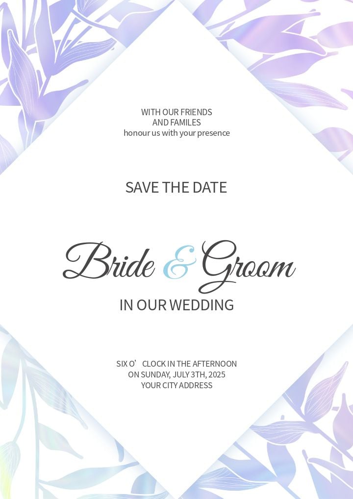 wedding invitation featuring natural holographic plant flowers in a blue frame