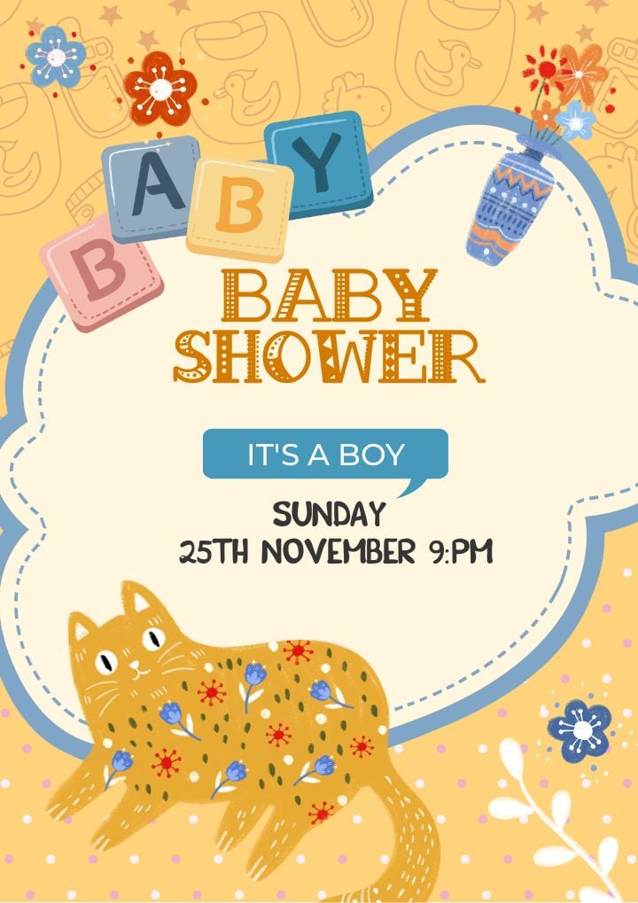 yellow invitation featuring a cat doodle for a baby shower